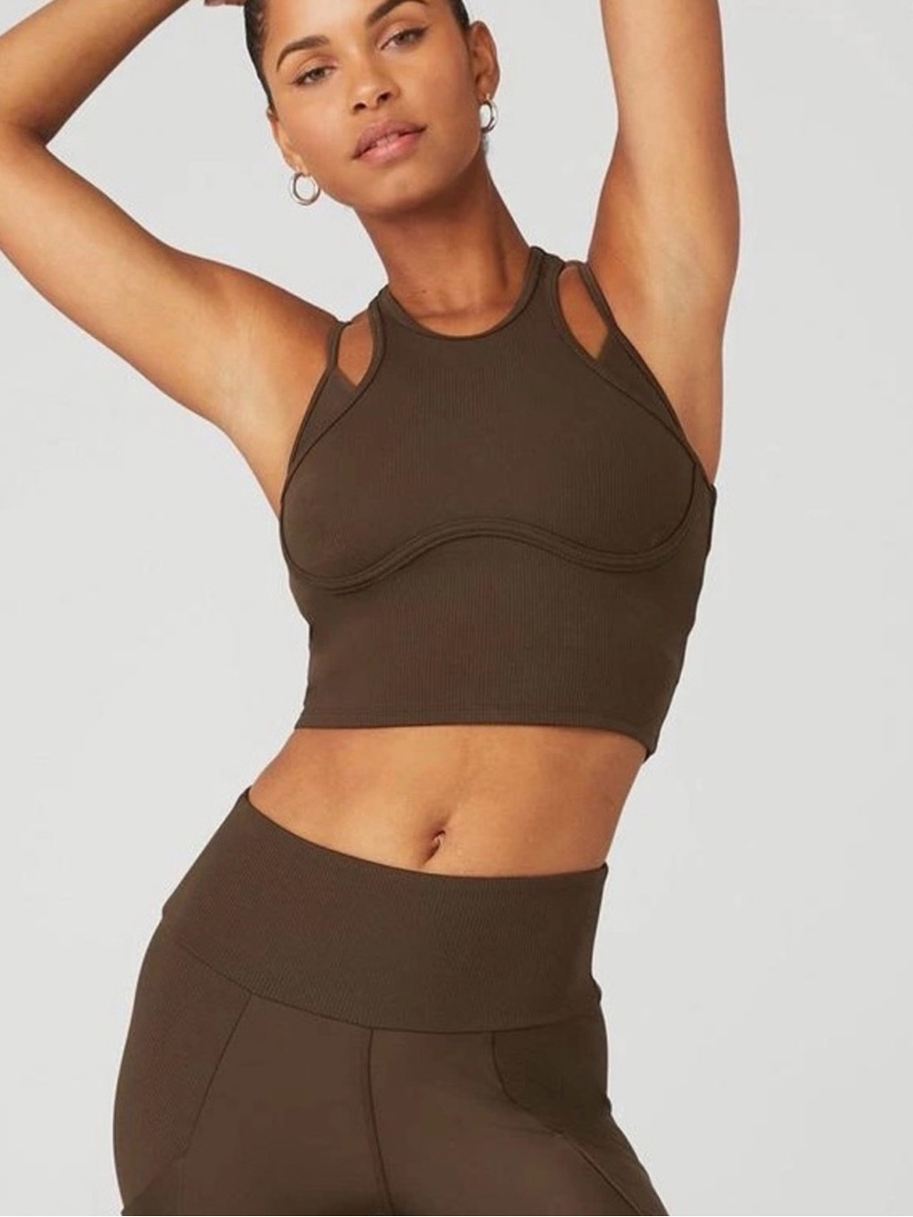 Alo Ribbed Airlift Enchanted Bra Tank Crop top in Brown Espresso Size XS